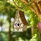 Set of 2 9.5''H Distressed Solid Wood Decorative Outdoor Garden Birdhouse with Natural Wood Slatted Roof and 3D Tree
